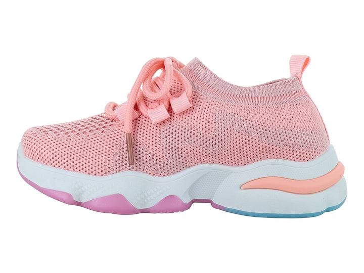 Tenis deportivos infantiles color rosa con suela blanca y detalles en azul