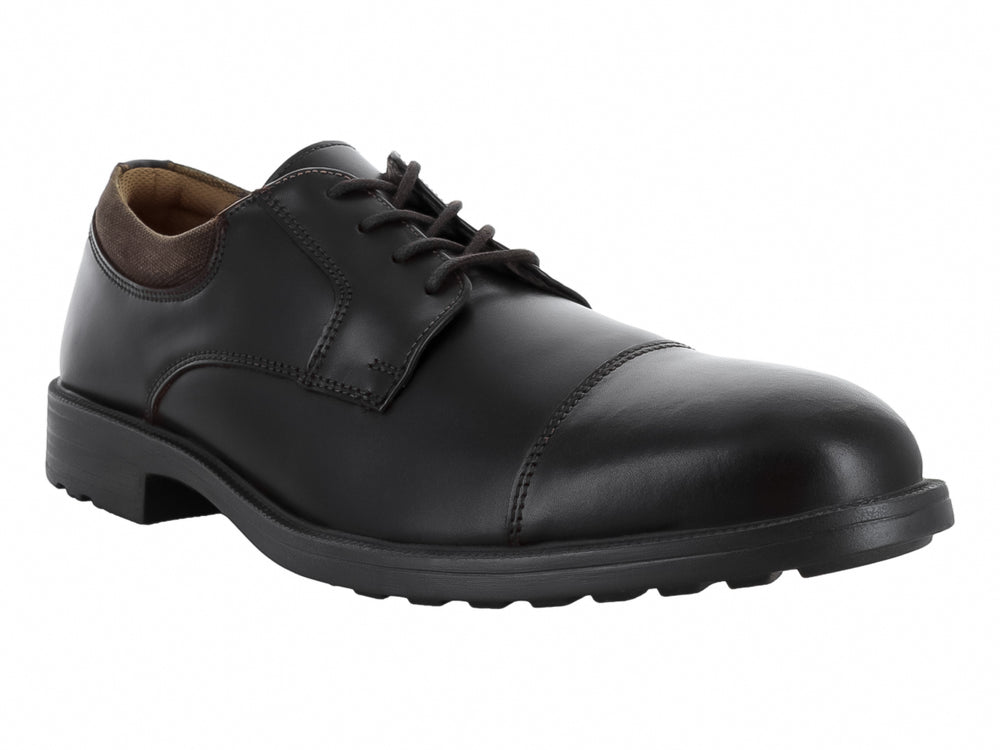 Zapato formal para hombre de cuero color café oscuro con cordones y suela negra.