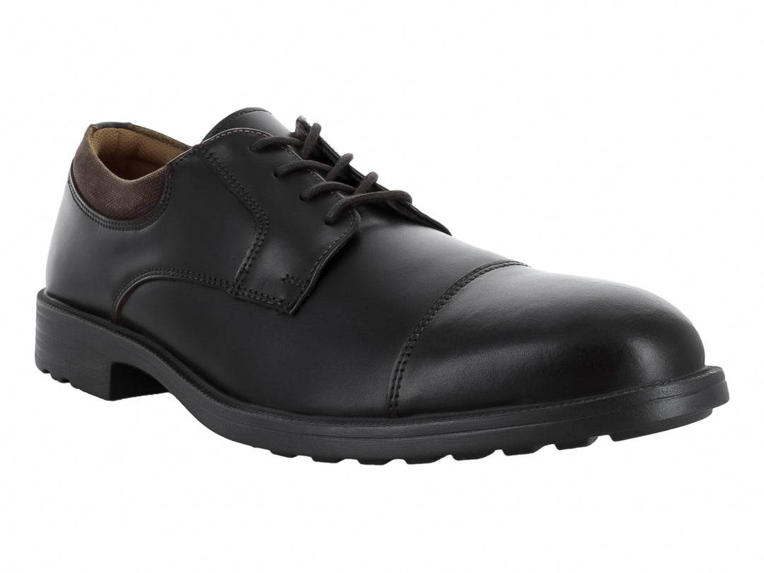 Zapato formal para hombre de cuero color café oscuro con cordones y suela negra.