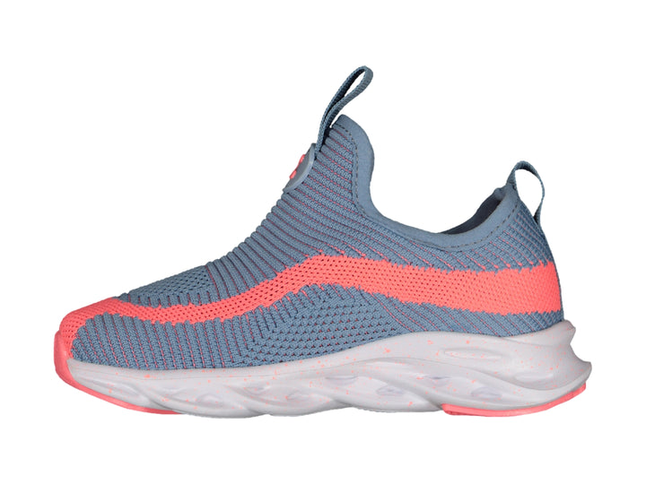 Tenis deportivos Charly color azul con detalles en coral y suela blanca, diseño slip-on sin cordones.