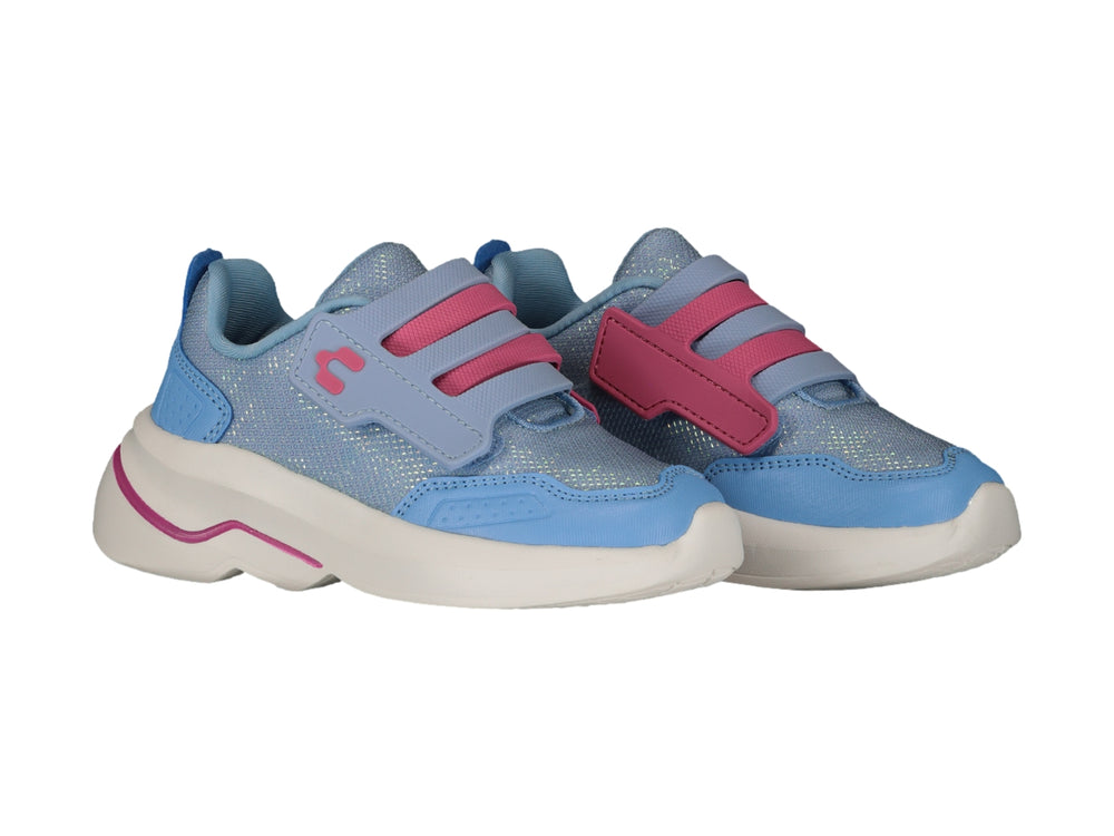 Tenis deportivos infantiles color azul con detalles en rosa y suela blanca, cierre de velcro.