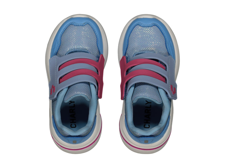 Tenis deportivos infantiles color azul con detalles en rosa y suela blanca, cierre de velcro.