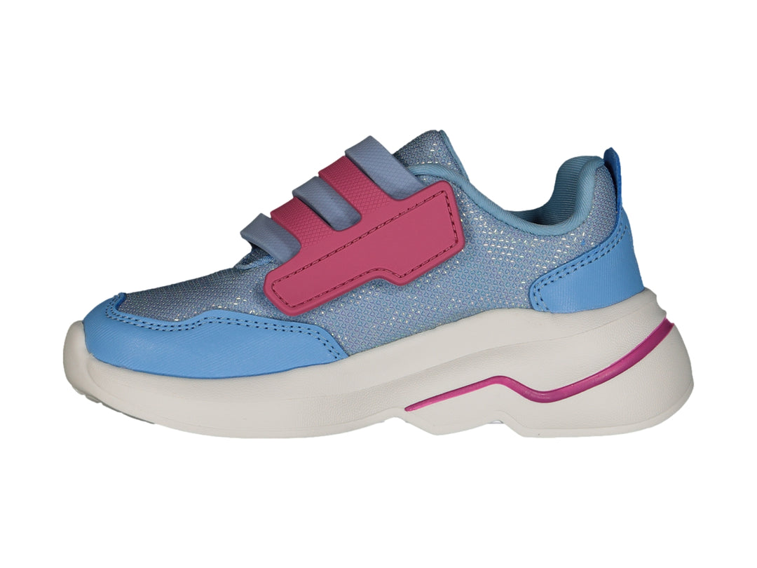 Tenis deportivos infantiles color azul con detalles en rosa y suela blanca, cierre de velcro.