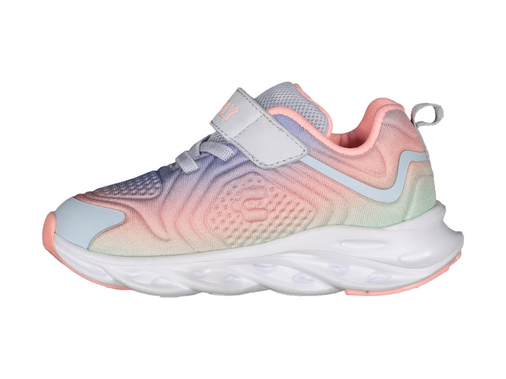 Tenis deportivos infantiles Charly multicolor con gradiente azul y coral, cierre de velcro y suela blanca.