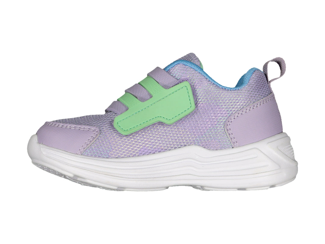 Tenis deportivos Charly color morado con detalles en azul y verde, suela blanca y cierre de velcro.
