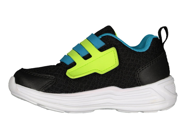 Tenis deportivos Charly para niño en color negro con detalles en azul y amarillo neón, cierre de velcro y suela blanca.