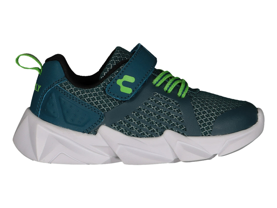 Tenis deportivos Charly color azul petróleo con detalles en verde lima y suela blanca.