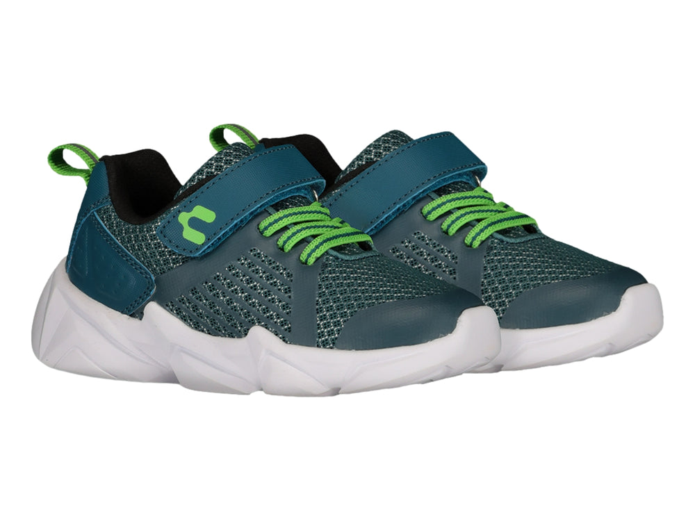 Tenis deportivos Charly color azul petróleo con detalles en verde lima y suela blanca.