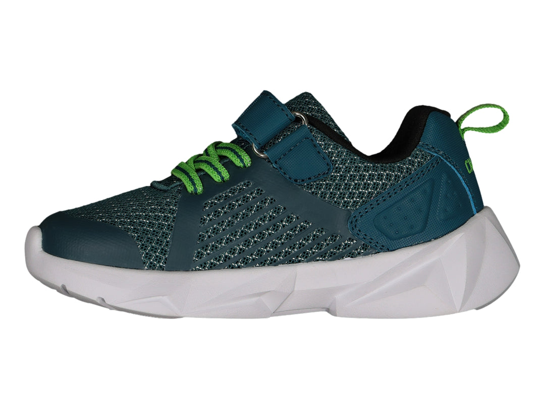 Tenis deportivos Charly color azul petróleo con detalles en verde lima y suela blanca.