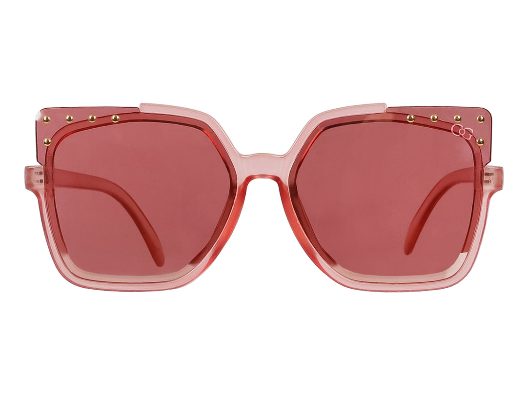 Lentes de sol Sunvista en color rosa transparente con forma cuadrada y detalles dorados en la parte superior.
