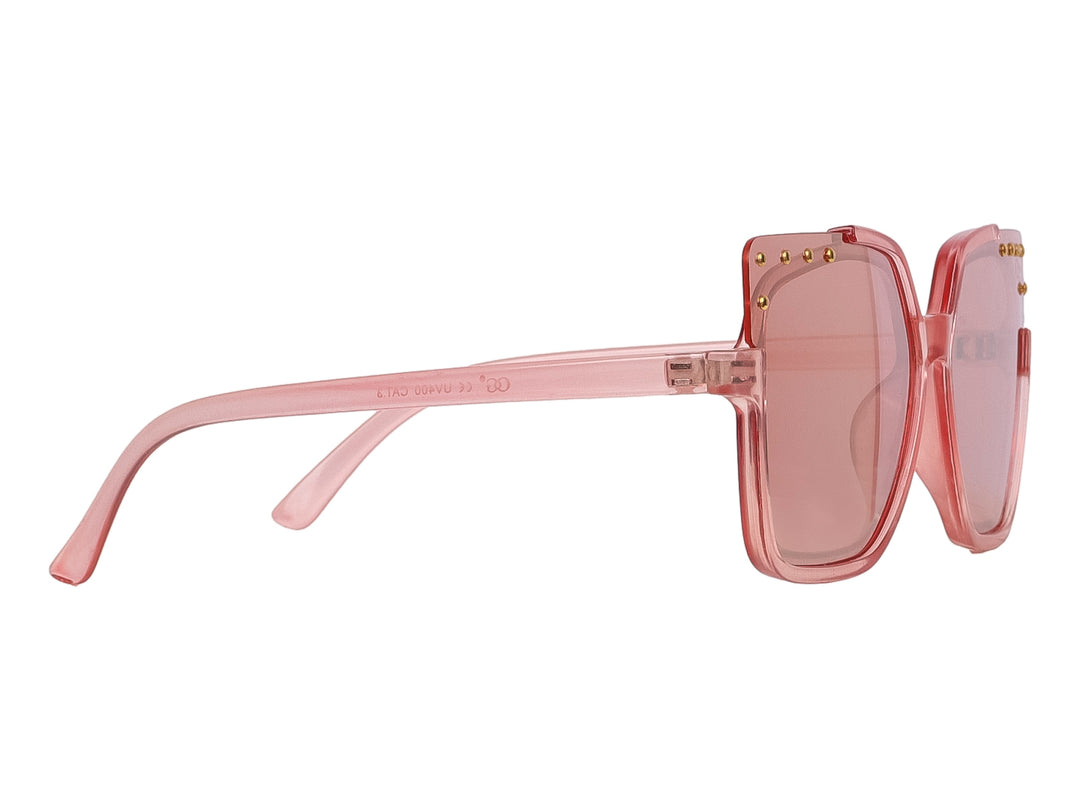 Lentes de sol Sunvista en color rosa transparente con forma cuadrada y detalles dorados en la parte superior.
