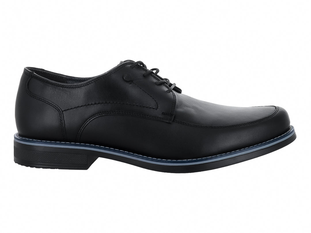 Zapato formal de cuero negro para hombre con cordones y detalle azul en la suela.