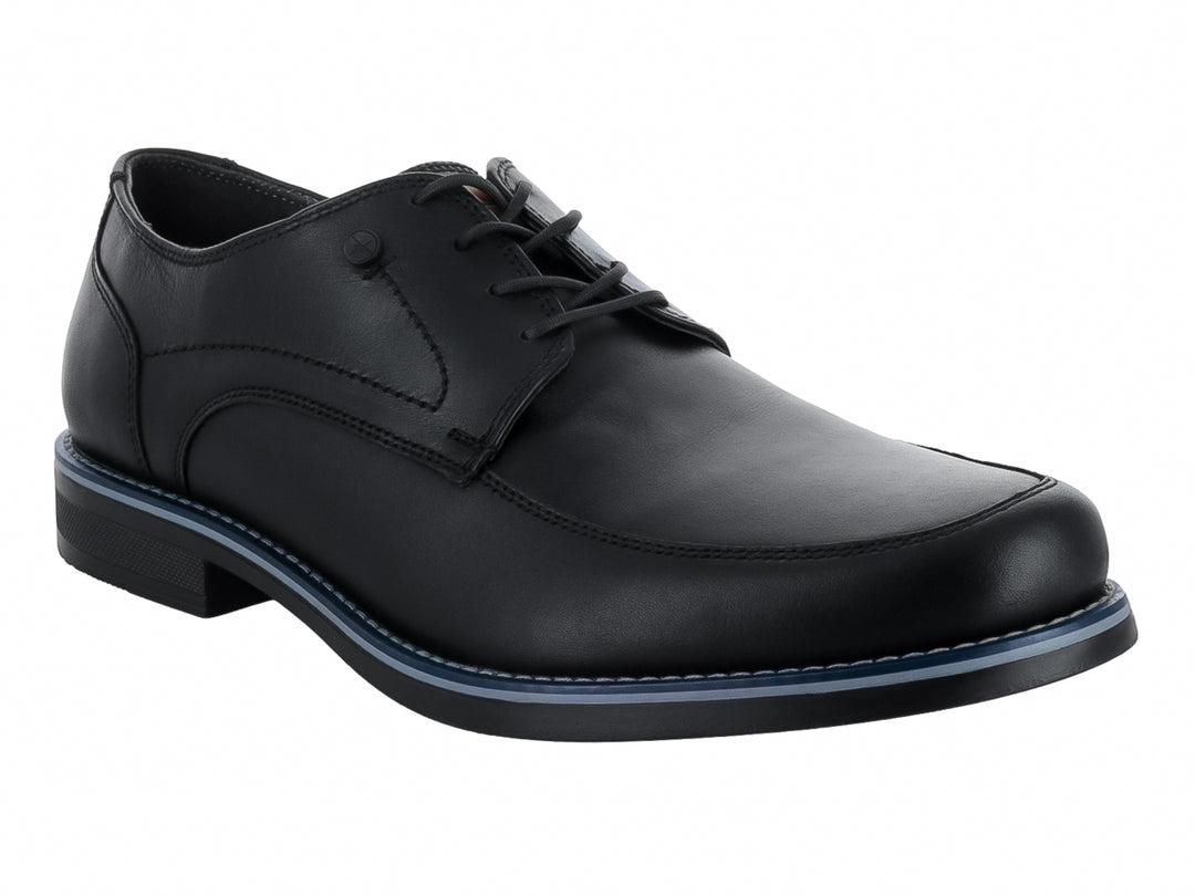 Zapato formal de cuero negro para hombre con cordones y detalle azul en la suela.