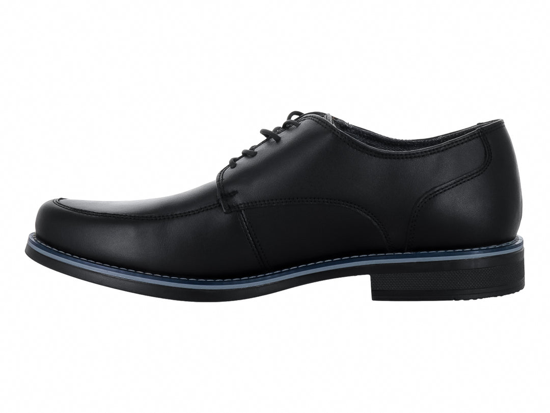 Zapato formal de cuero negro para hombre con cordones y detalle azul en la suela.