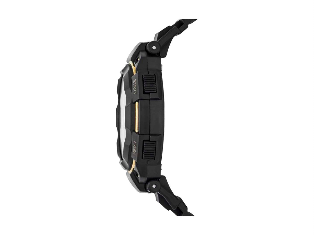 Reloj digital Skechers para Hombre en color negro con detalles en oro y correa sintética.