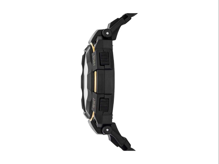 Reloj digital Skechers para Hombre en color negro con detalles en oro y correa sintética.