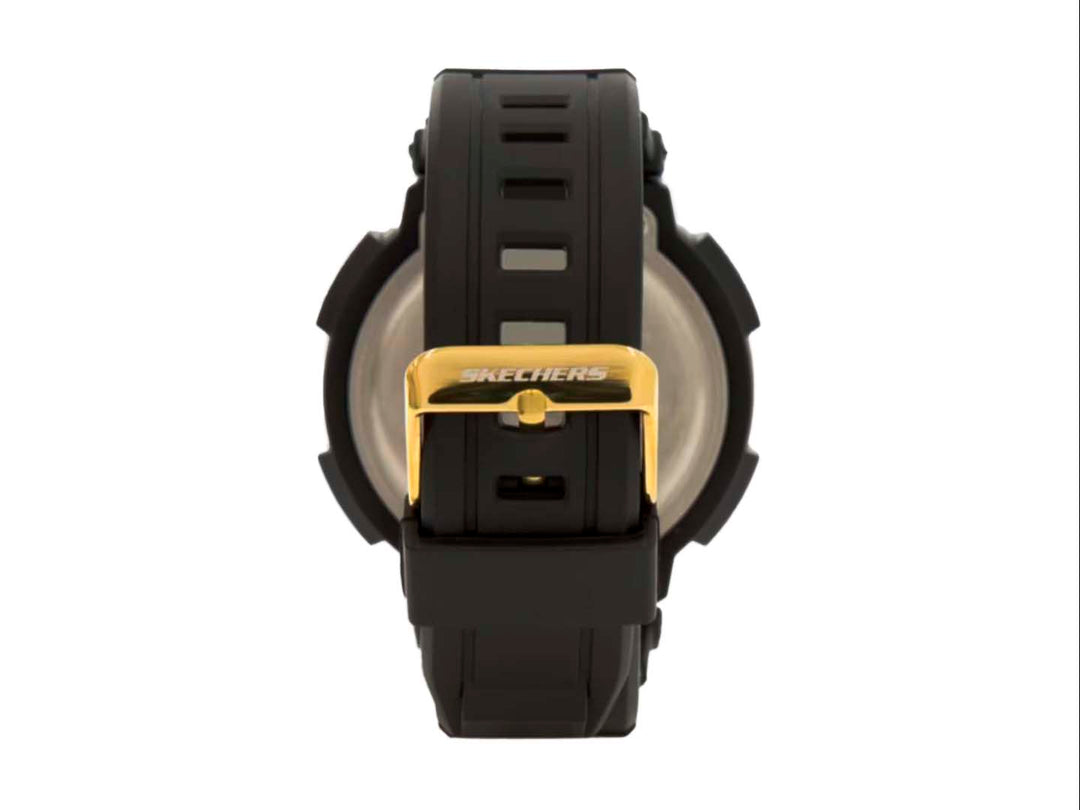 Reloj digital Skechers para Hombre en color negro con detalles en oro y correa sintética.