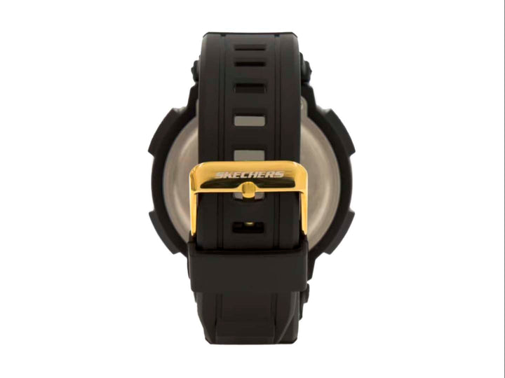 Reloj digital Skechers para Hombre en color negro con detalles en oro y correa sintética.