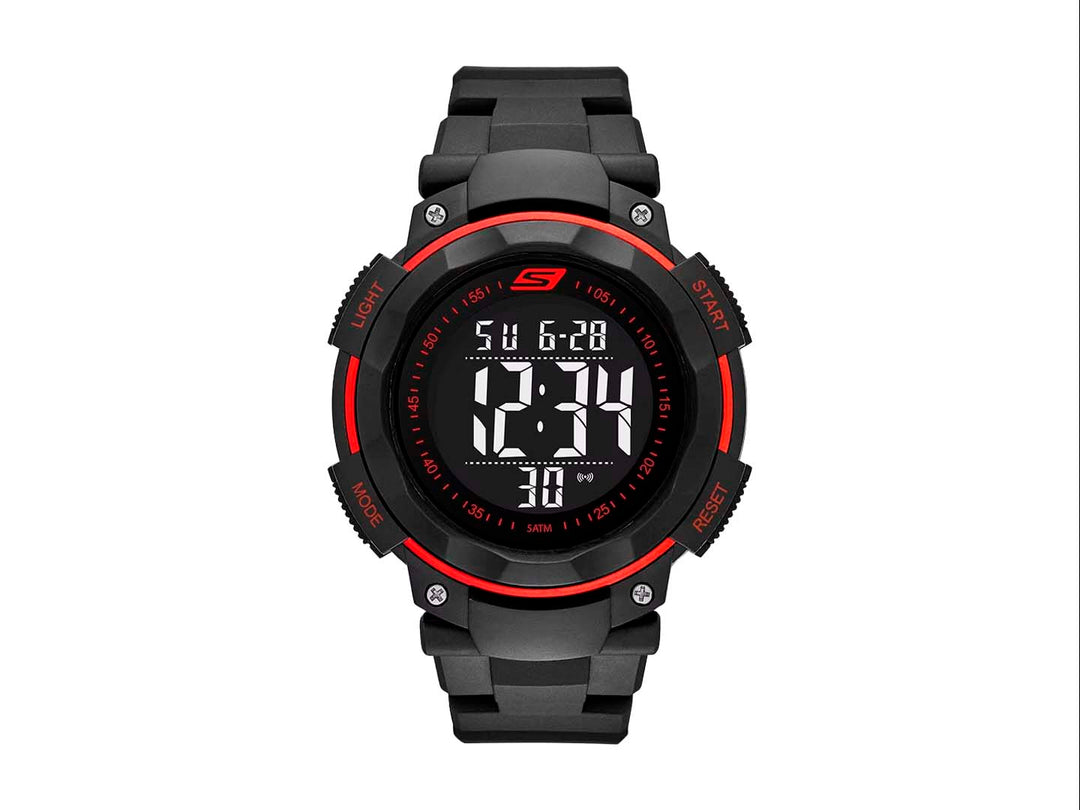 Reloj digital Skechers para hombre en color negro con detalles rojos y correa sintética.