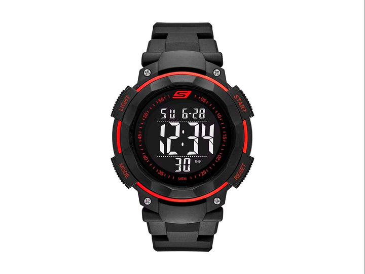 Reloj digital Skechers para hombre en color negro con detalles rojos y correa sintética.
