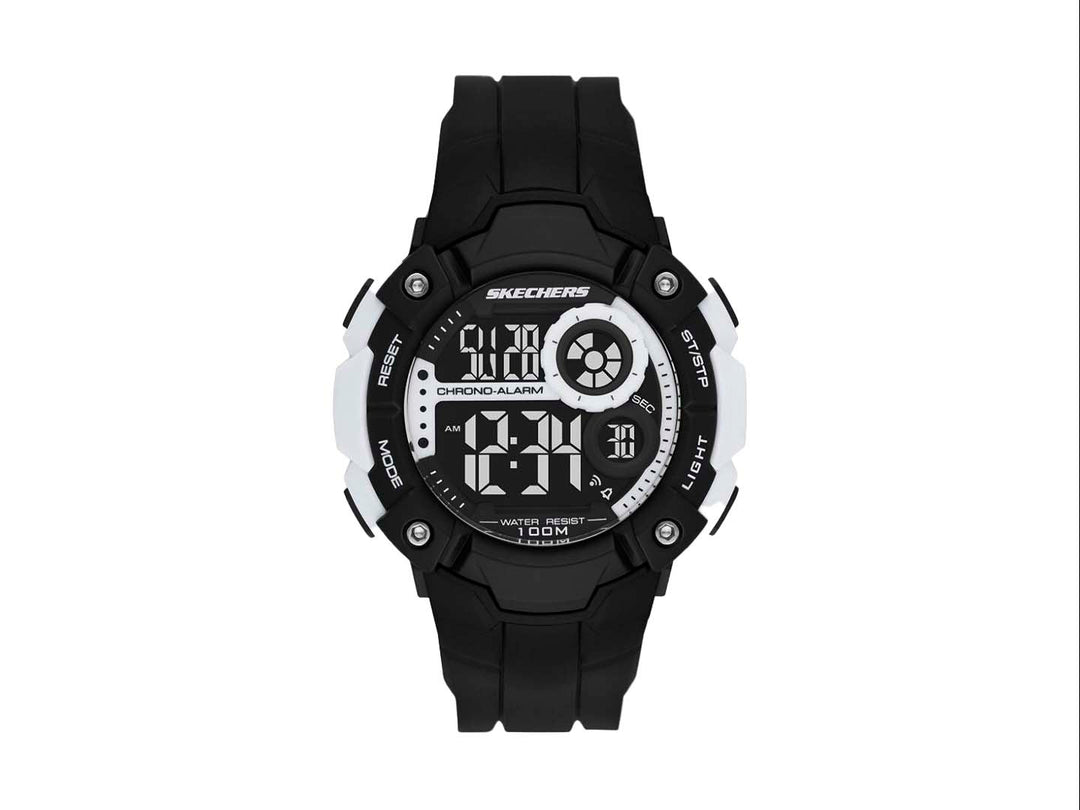 Reloj digital Skechers para hombre en colores negro y blanco con correa sintética y pantalla digital.