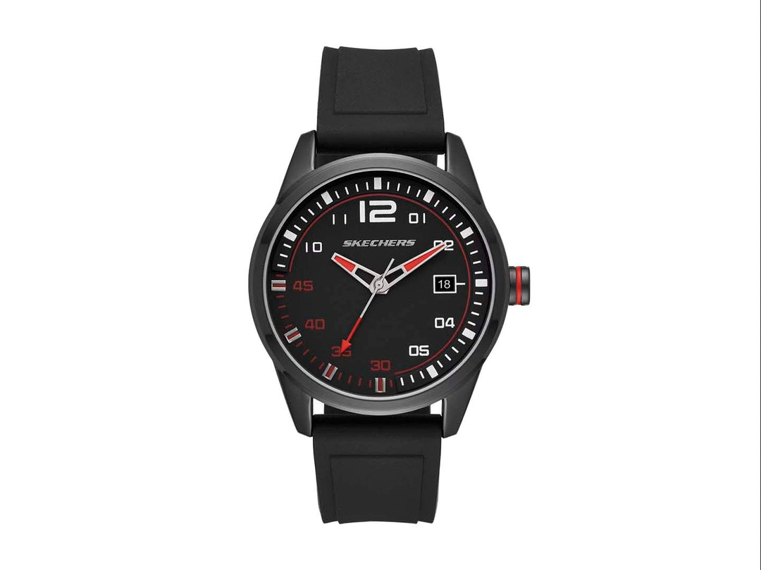 Reloj analógico Skechers para hombre en color negro con detalles en rojo y correa sintética mate.