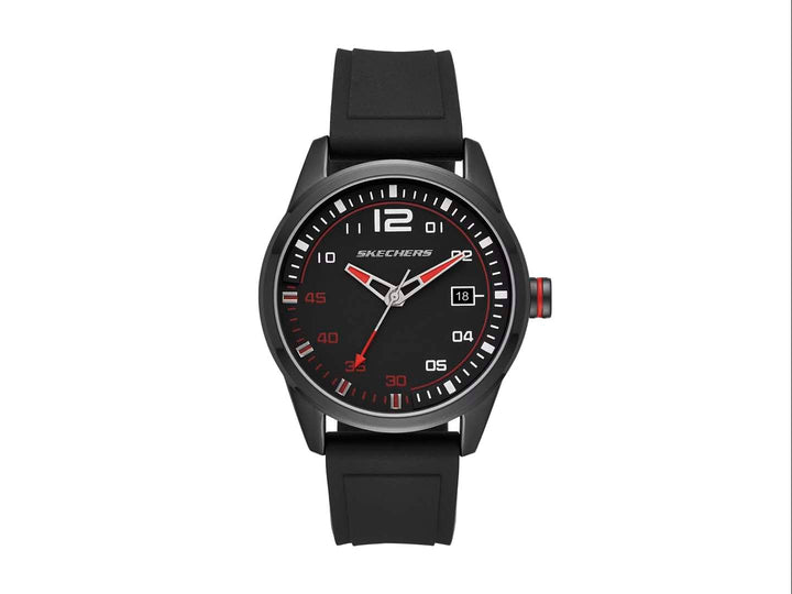 Reloj analógico Skechers para hombre en color negro con detalles en rojo y correa sintética mate.