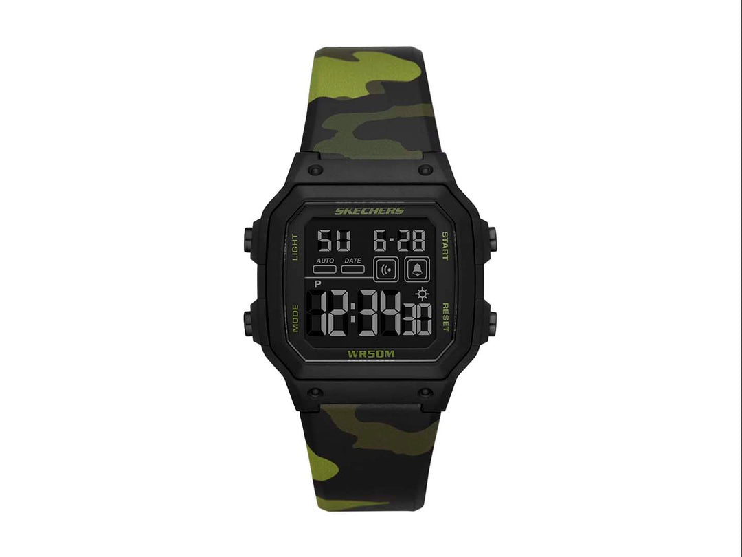 Reloj digital Skechers para hombre con correa en patrón de camuflaje militar y caja negra octagonal.