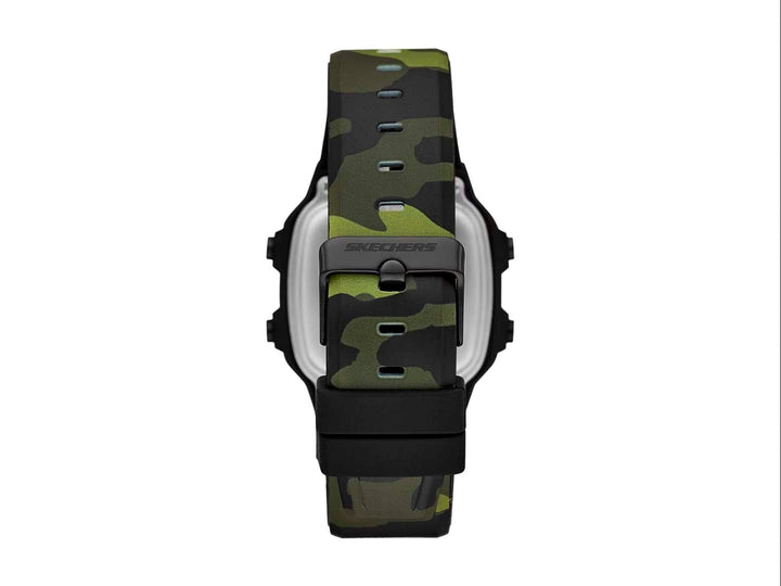 Reloj digital Skechers para hombre con correa en patrón de camuflaje militar y caja negra octagonal.