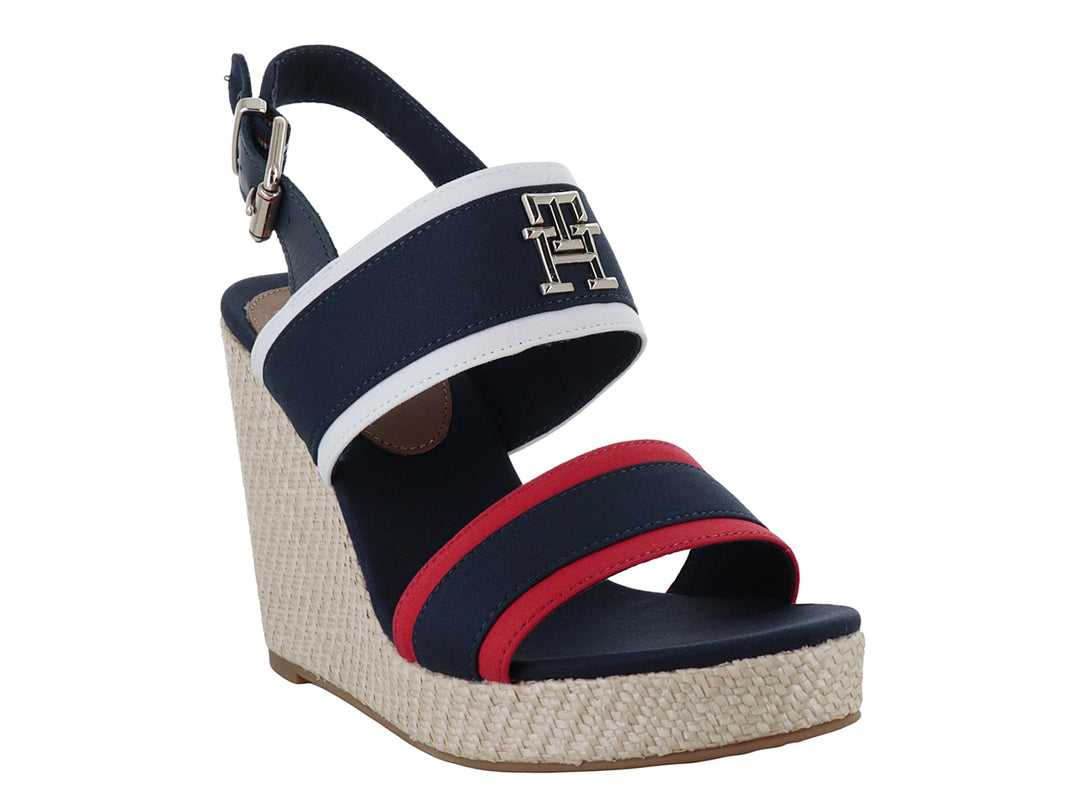 Sandalias plataforma Tommy Hilfiger color azul con detalles rojos y blancos y suela de esparto beige.
