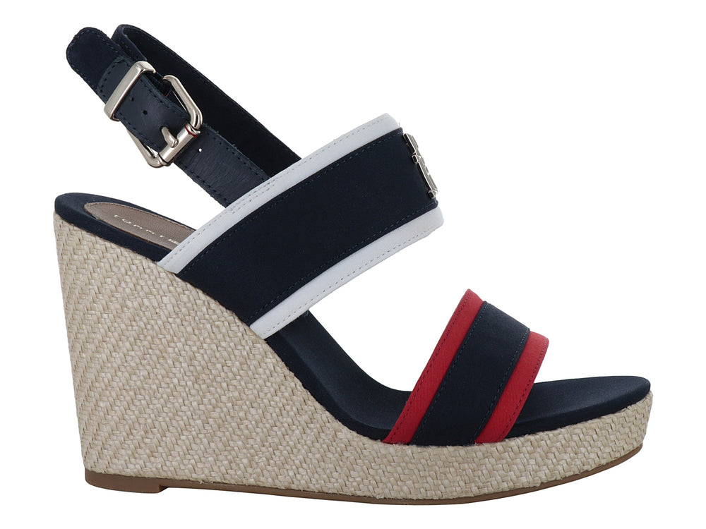 Sandalias plataforma Tommy Hilfiger color azul con detalles rojos y blancos y suela de esparto beige.