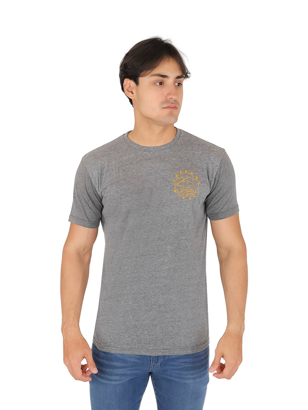 Hombre vistiendo una playera de color gris con manga corta y cuello redondo.