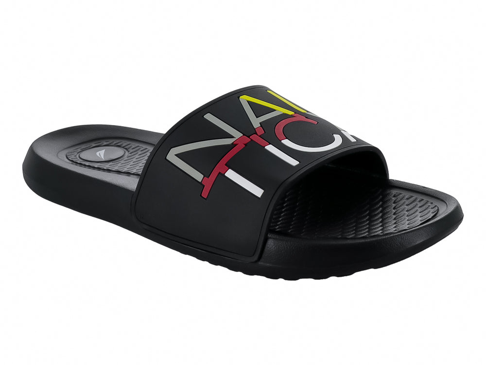 Sandalias deslizantes Nautica color negro con logotipo en la banda superior y suela texturizada.