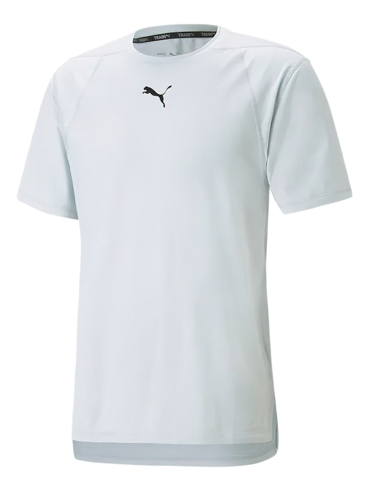 Camiseta deportiva PUMA de color gris platino con logotipo negro en el pecho.