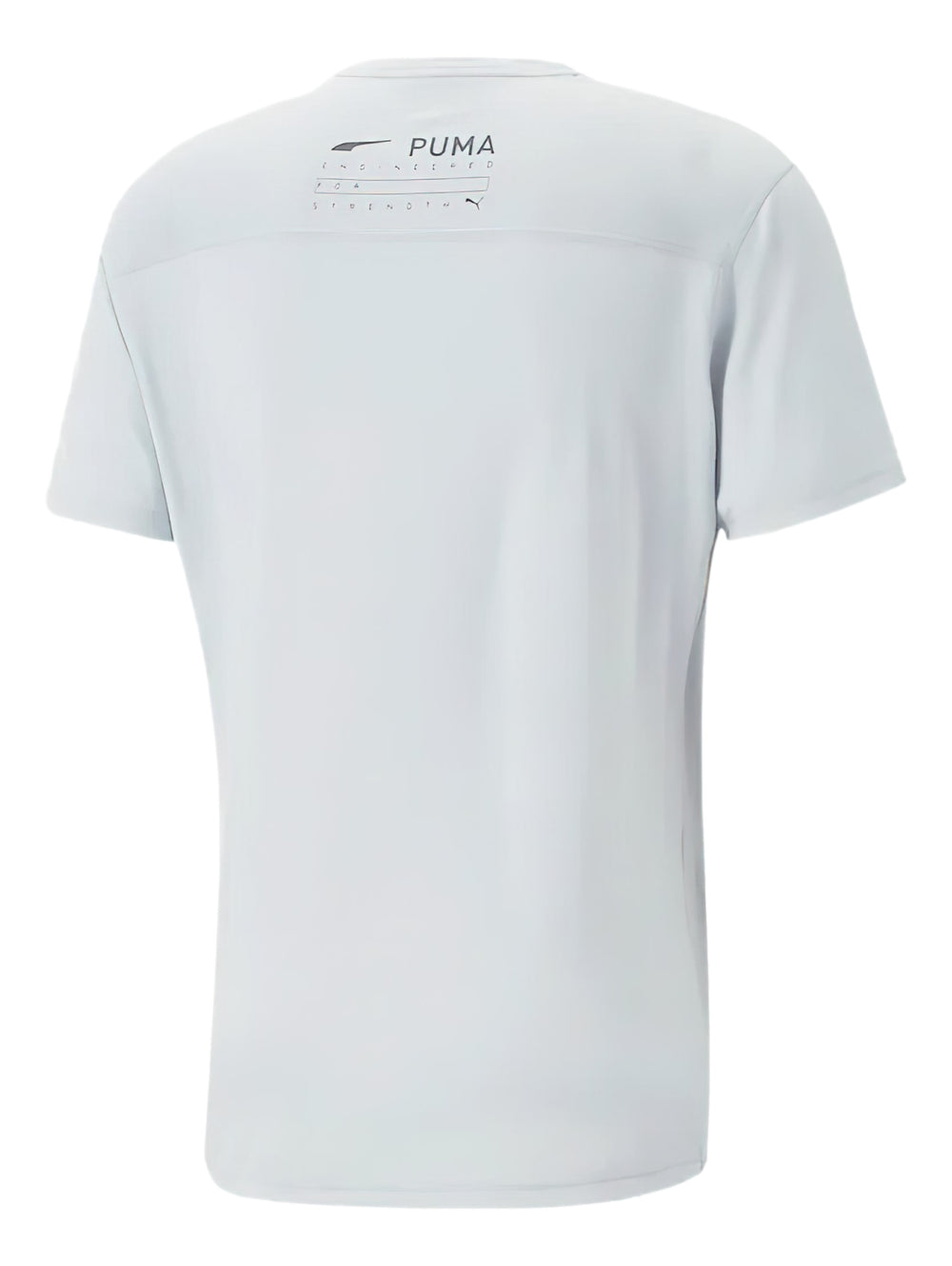 Camiseta deportiva PUMA de color gris platino con logotipo negro en el pecho.