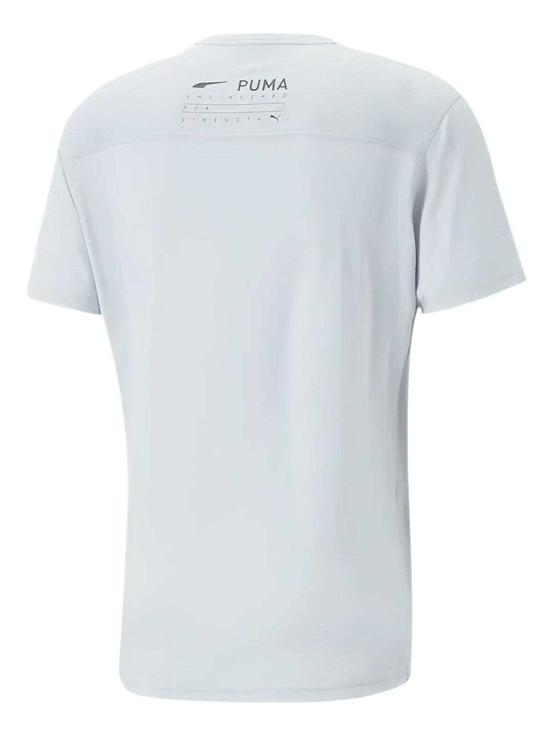 Camiseta deportiva PUMA de color gris platino con logotipo negro en el pecho.