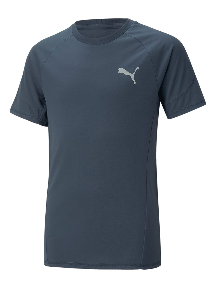 Camiseta deportiva PUMA EVOSTRIPE TEE color azul oscuro con logotipo en el pecho.