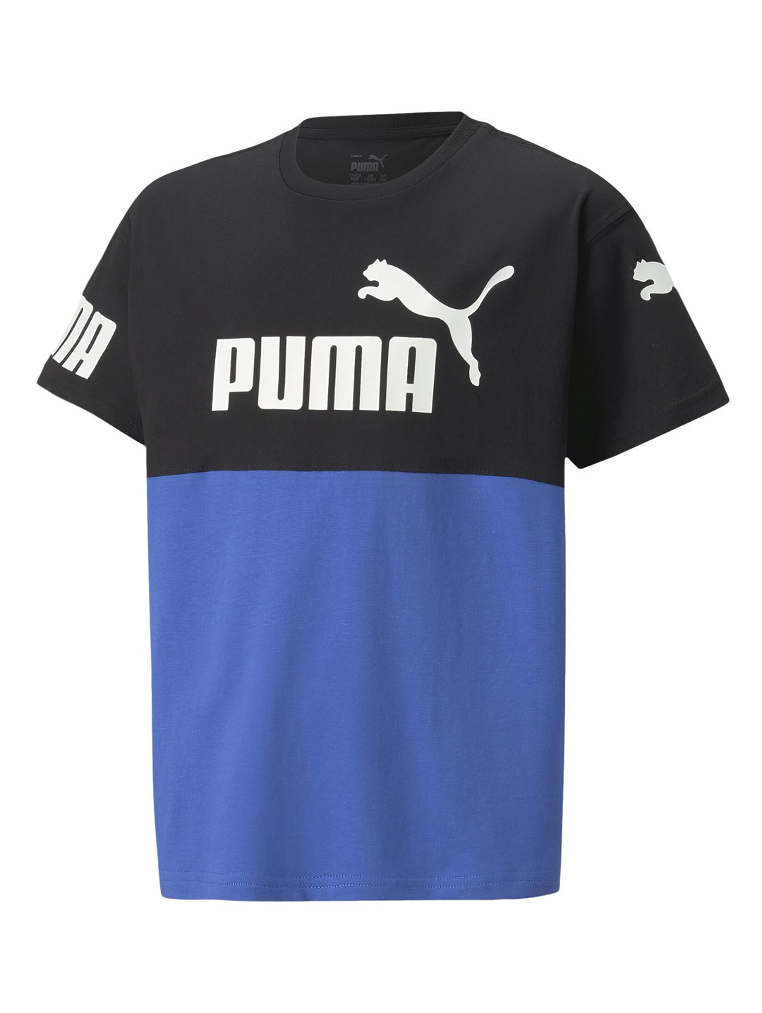 Camiseta PUMA bicolor en negro y azul royal sapphire con logotipo blanco en el pecho.