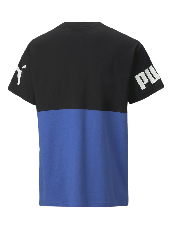 Camiseta PUMA bicolor en negro y azul royal sapphire con logotipo blanco en el pecho.