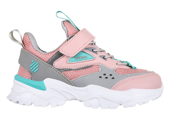 Tenis deportivos K-SWISS en colores rosa y gris con suela blanca y detalles turquesa.