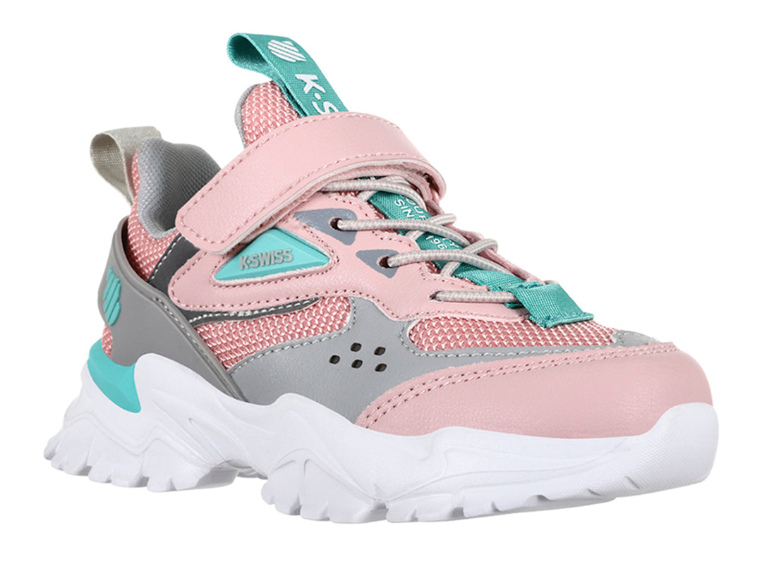 Tenis deportivos K-SWISS en colores rosa y gris con suela blanca y detalles turquesa.