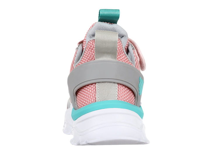 Tenis deportivos K-SWISS en colores rosa y gris con suela blanca y detalles turquesa.