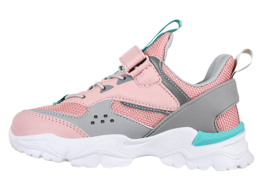 Tenis deportivos K-SWISS en colores rosa y gris con suela blanca y detalles turquesa.