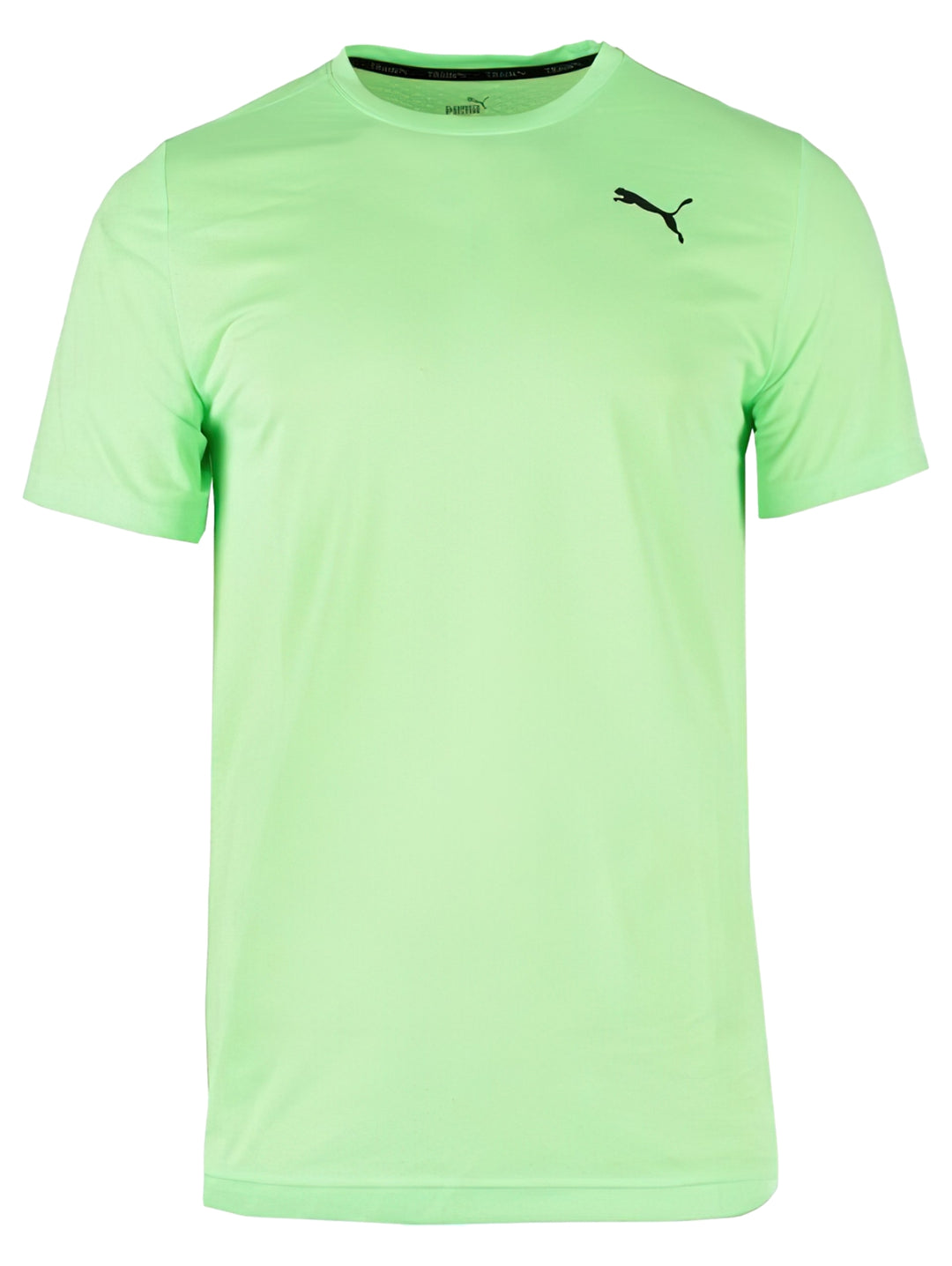 Camiseta deportiva PUMA de color verde lima con logotipo negro en el pecho.
