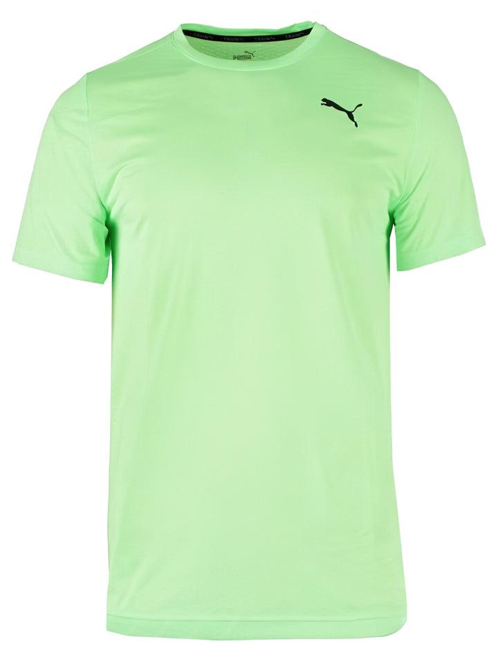 Camiseta deportiva PUMA de color verde lima con logotipo negro en el pecho.