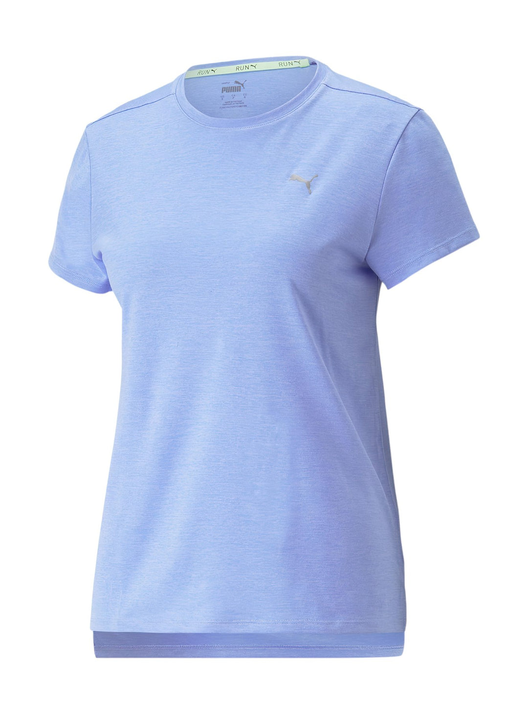 Camiseta deportiva PUMA de manga corta en color morado claro con textura jaspeada.