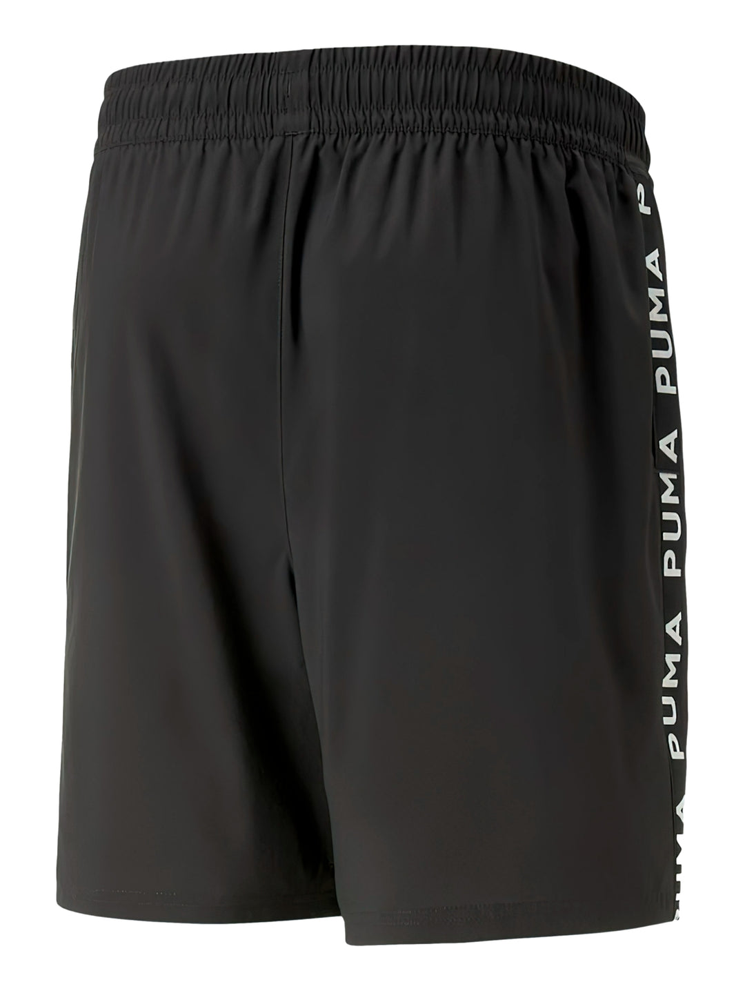 Shorts deportivos PUMA color negro con cinta lateral y logo gris.