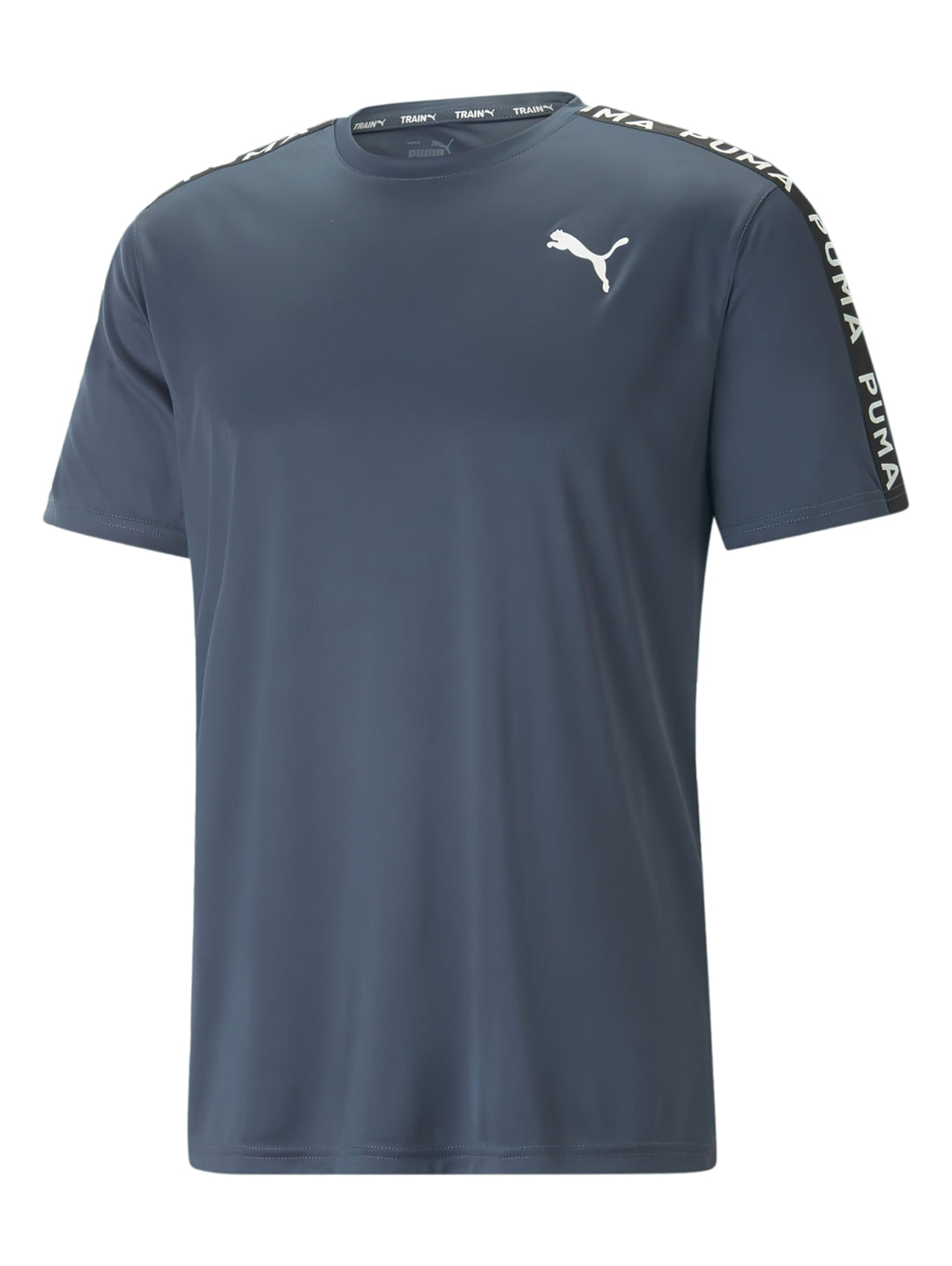 Camiseta deportiva PUMA Slim Fit color azul oscuro con logo blanco y cintas decorativas en los hombros.