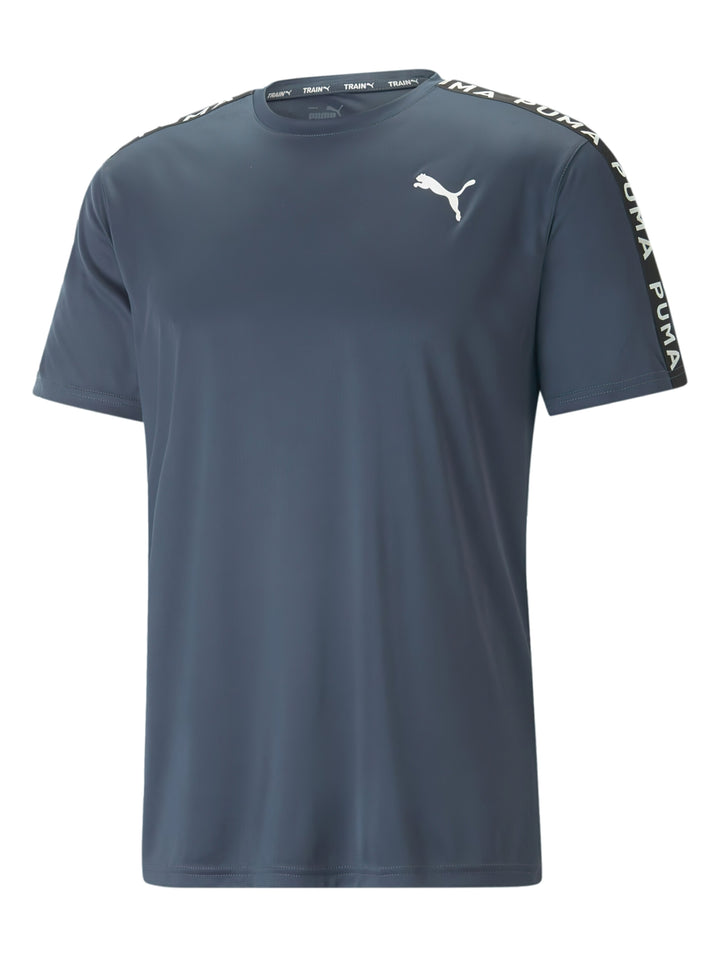 Camiseta deportiva PUMA Slim Fit color azul oscuro con logo blanco y cintas decorativas en los hombros.