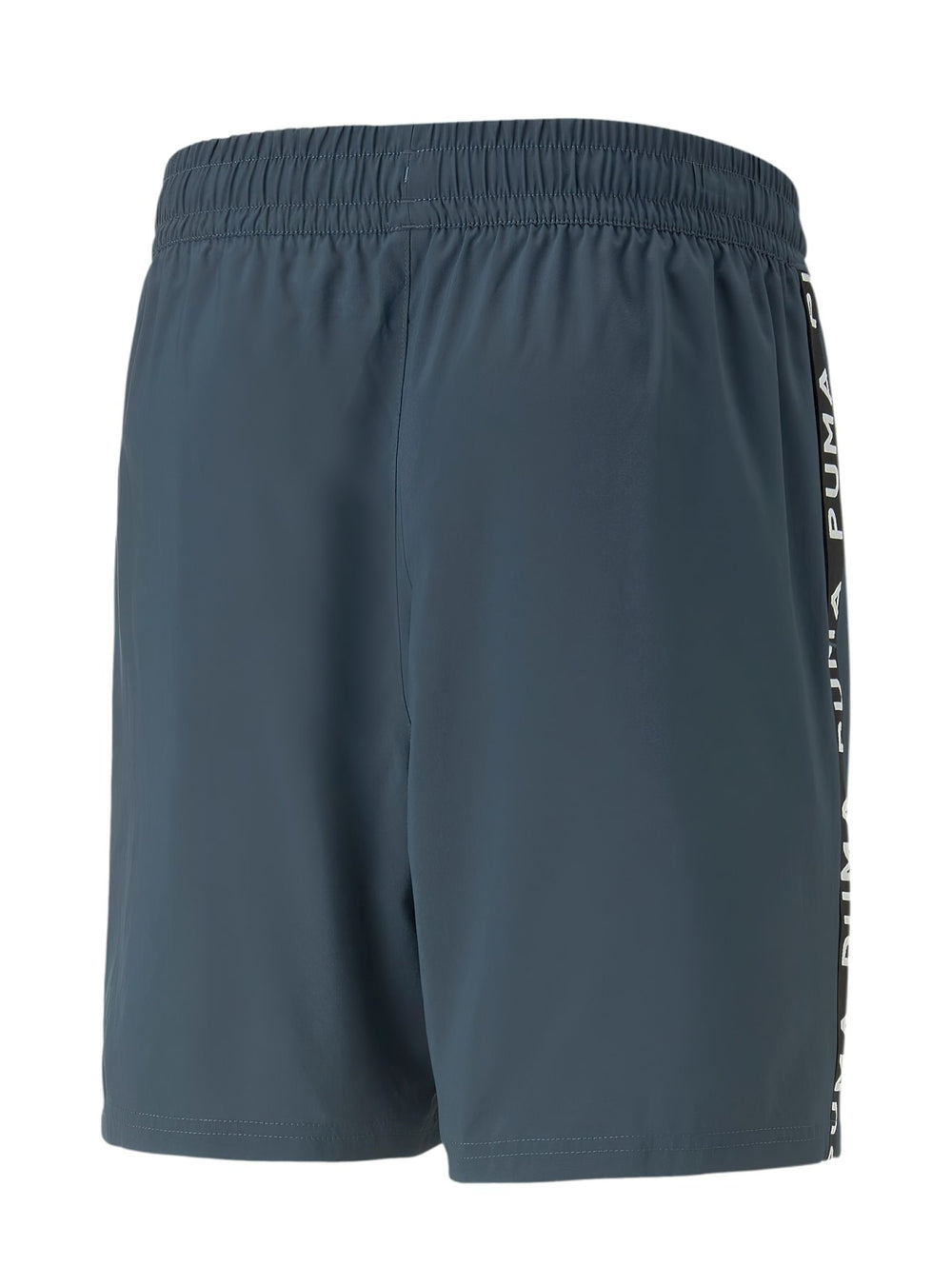 Shorts deportivos PUMA color azul oscuro con cinta lateral negra y logotipo blanco.
